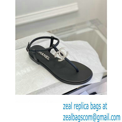 Chanel Lambskin & Strass CC Logo Thong Sandals G39728 Black 2023